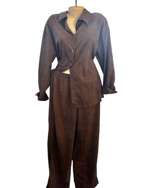 Corduroy Women's Brown Two-Piece Baggy Button Shirt & Wide-Leg Pants Set